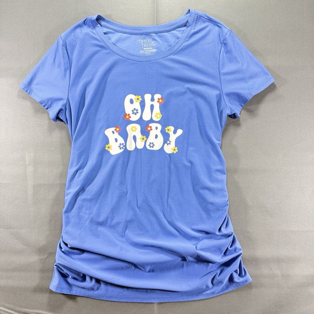 Time and Tru Maternity Shirt "Oh Baby" Stretch Blue Ruching Women's Small (4-6)